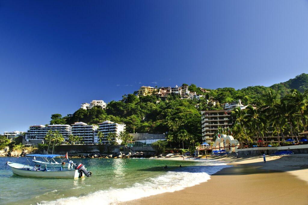 view of Playa Mismaloya near Puerto Vallarta on a sunny day