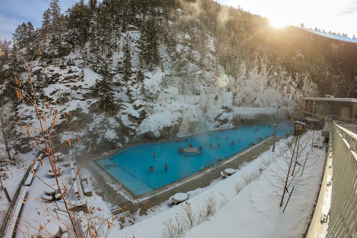 Radium hot springs at sunrise in winter