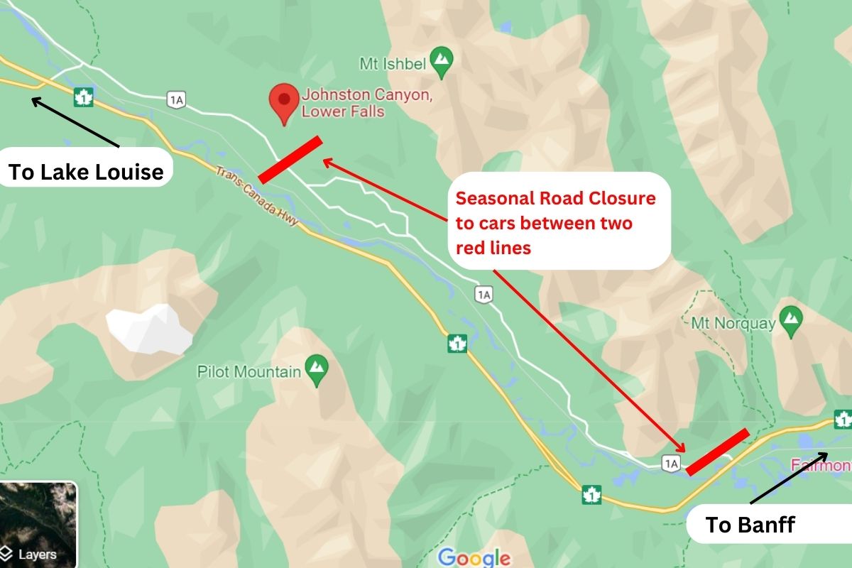 a map showing the season road closure on the Bow Valley Parkway