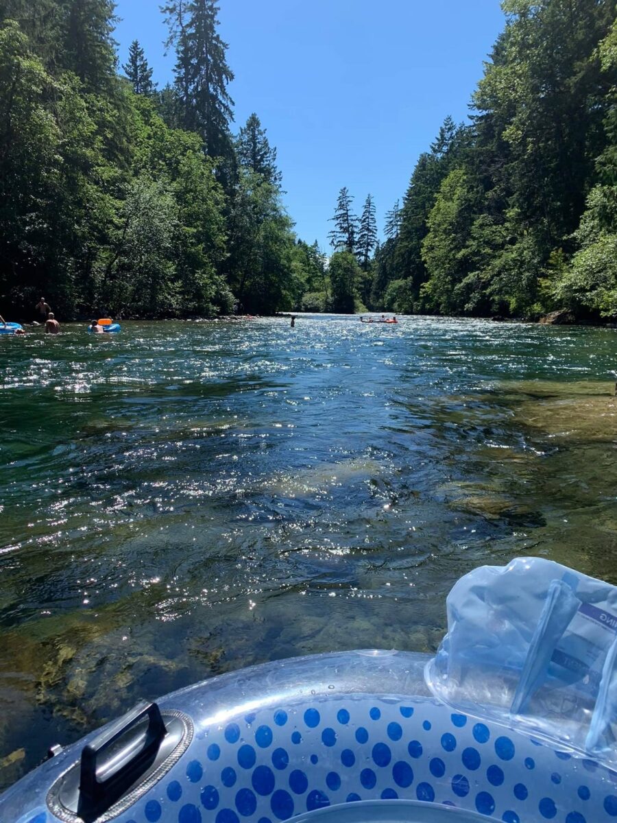person tubing down the puntledge river near Courtenay, BC