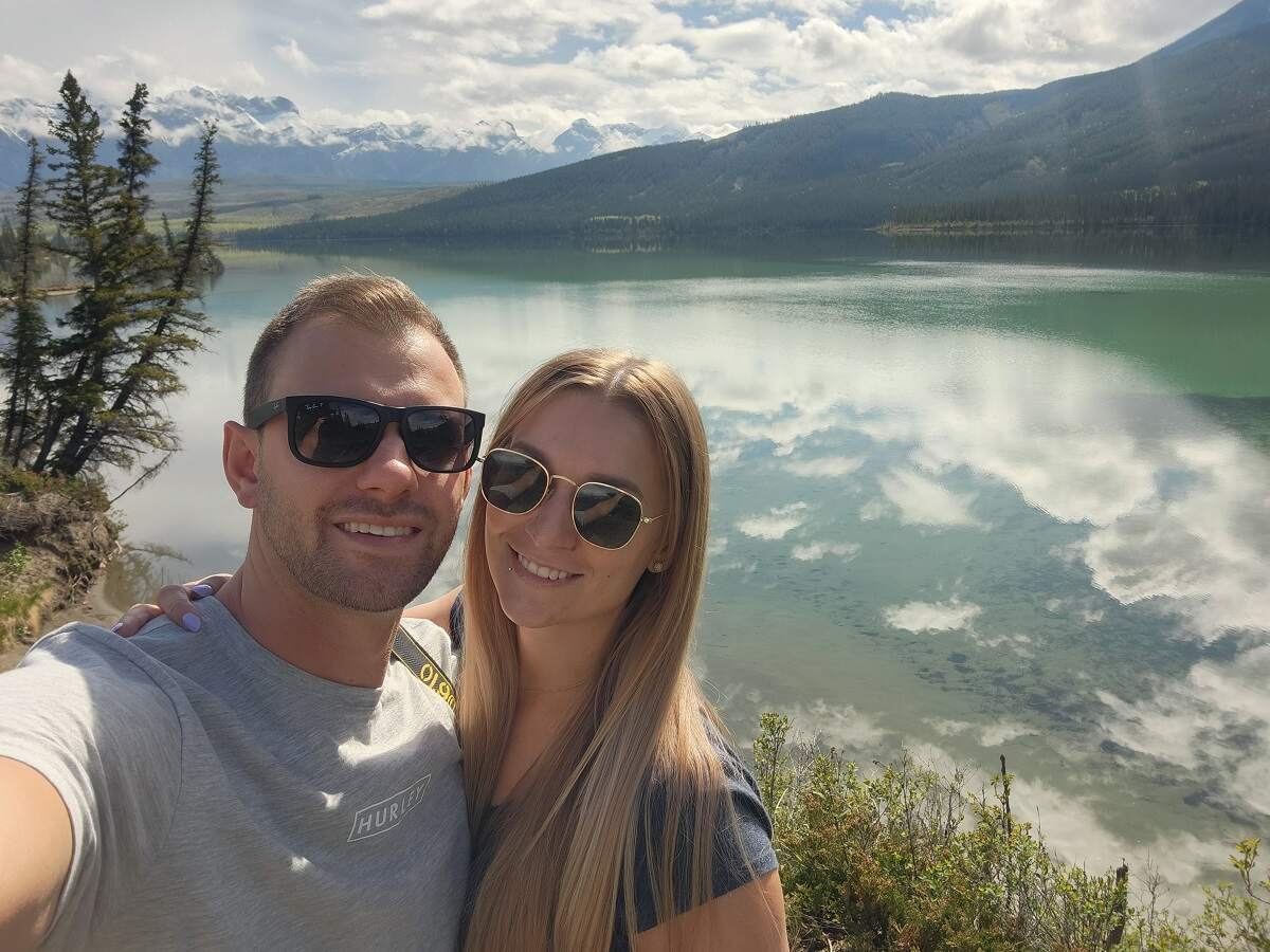 Bailey and Daniel take a selfie on the road between Jasper and Edmonton at the sanddunes