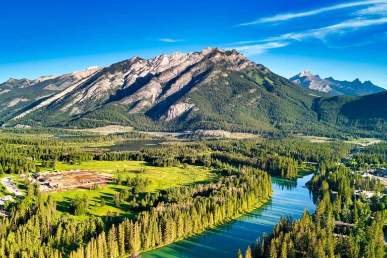 Aerial view of Banff Town on a beautiful summer day AB Canada