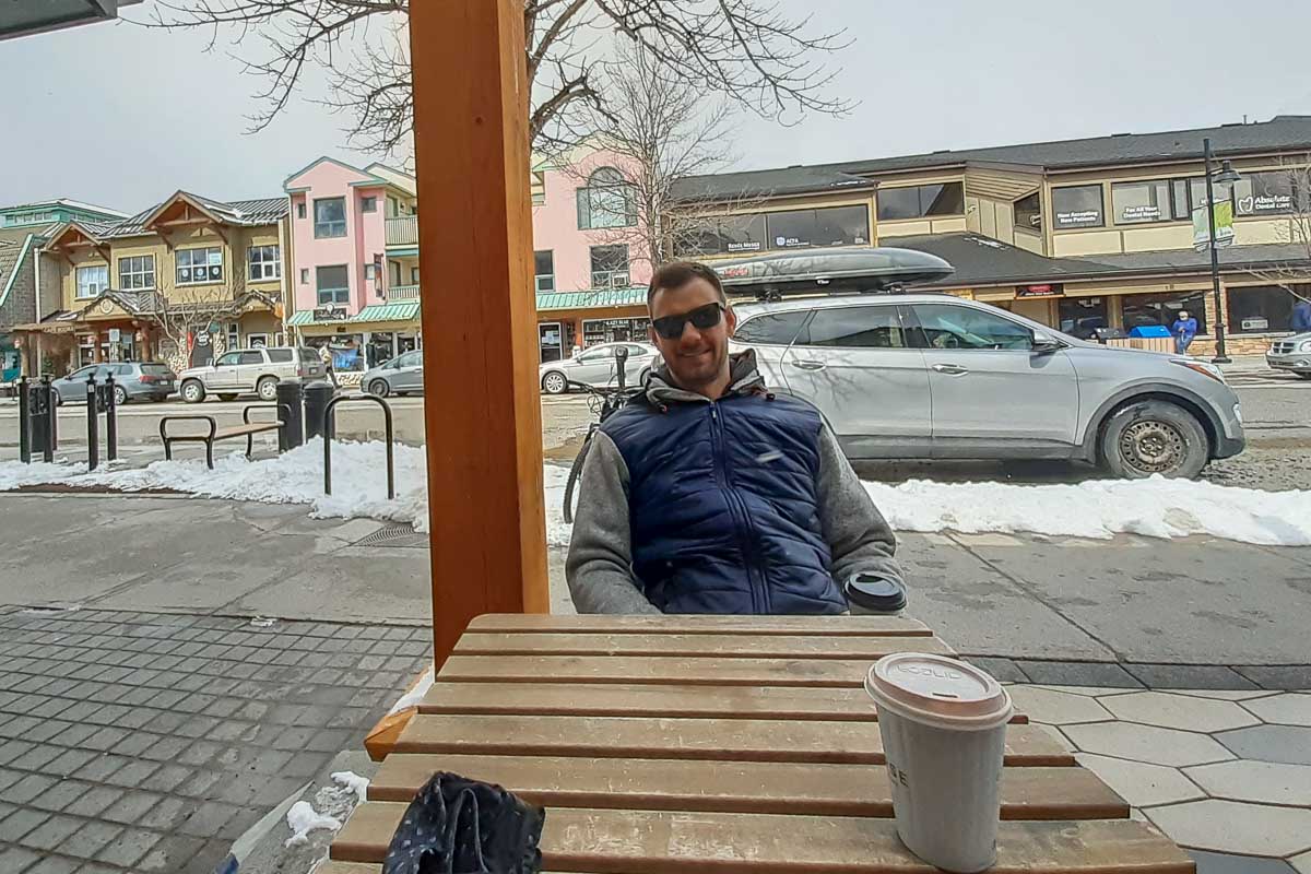 Having a coffee out the front of Eclipse Coffee Roasters in Canmore