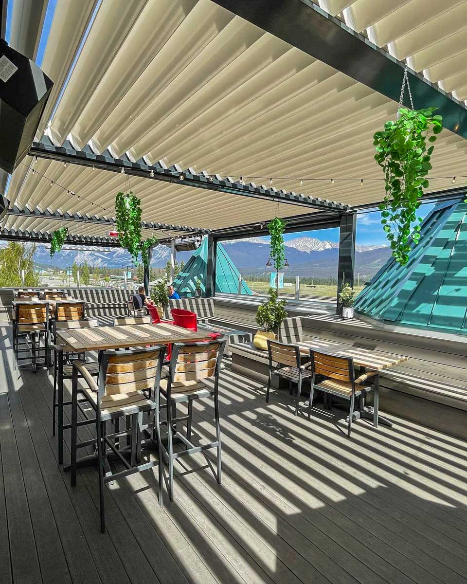Jasper Pizza Place rooftop patio with mountain views