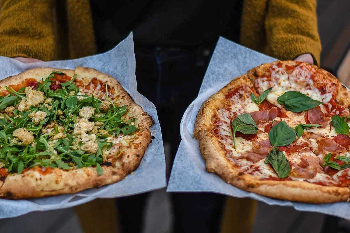Two pizzas at Jasper Pizza Place in Jasper, Alberta