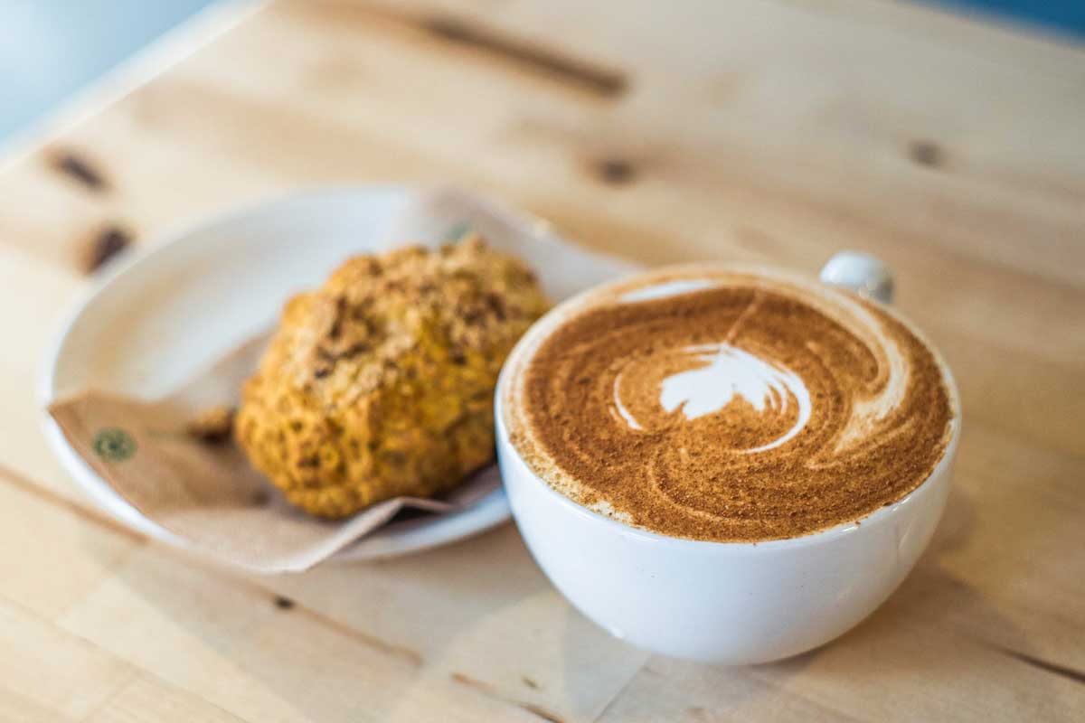 A coffee and dessert at Wild Flour Bakery in Banff, Canada