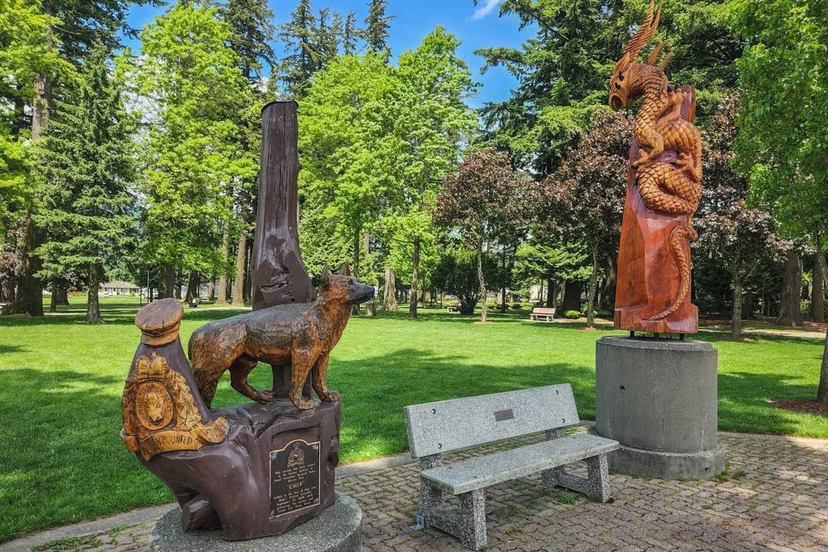 Two carved statues on the Art Walk in Hope, BC