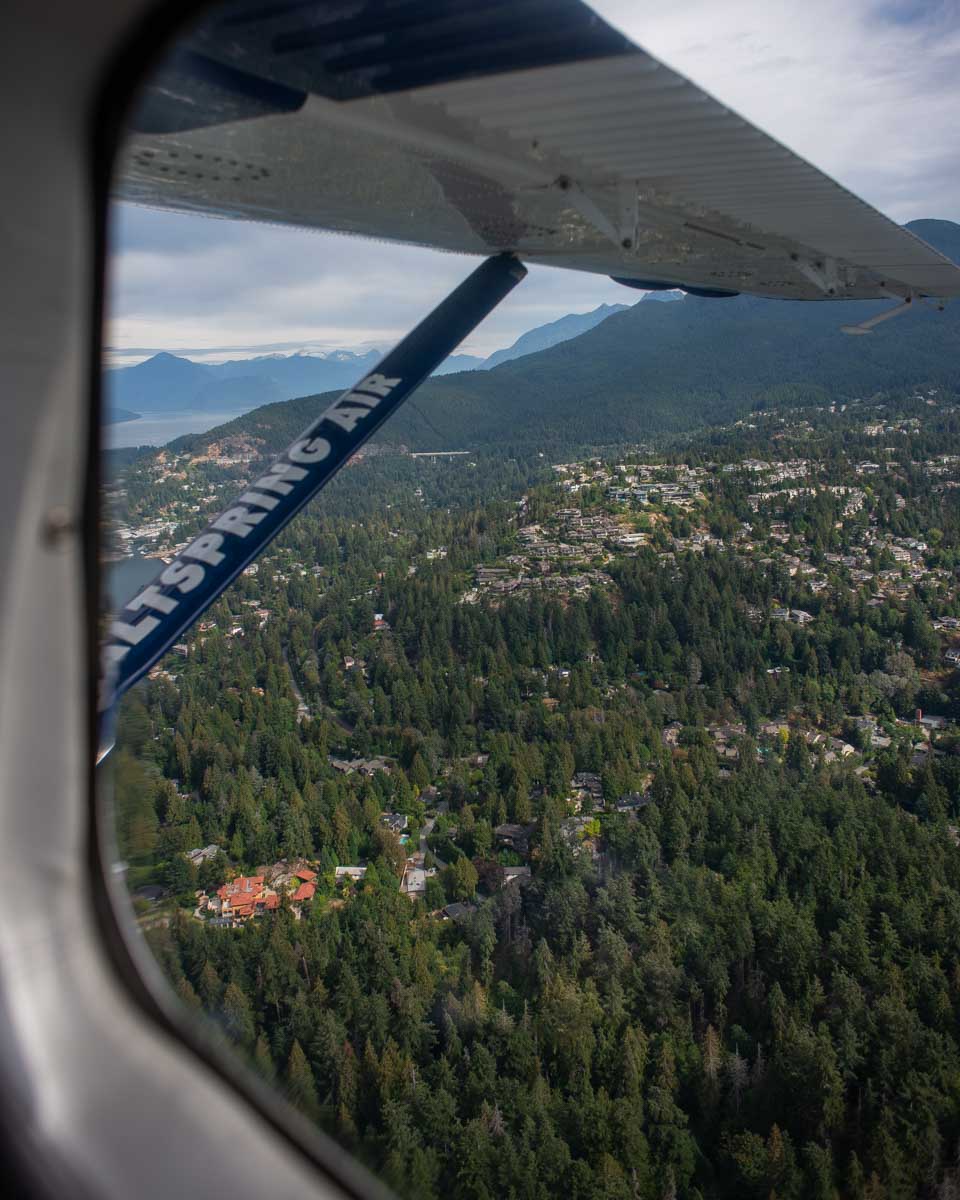 View out the window of a Sea Plane from Whistler to Vancouver