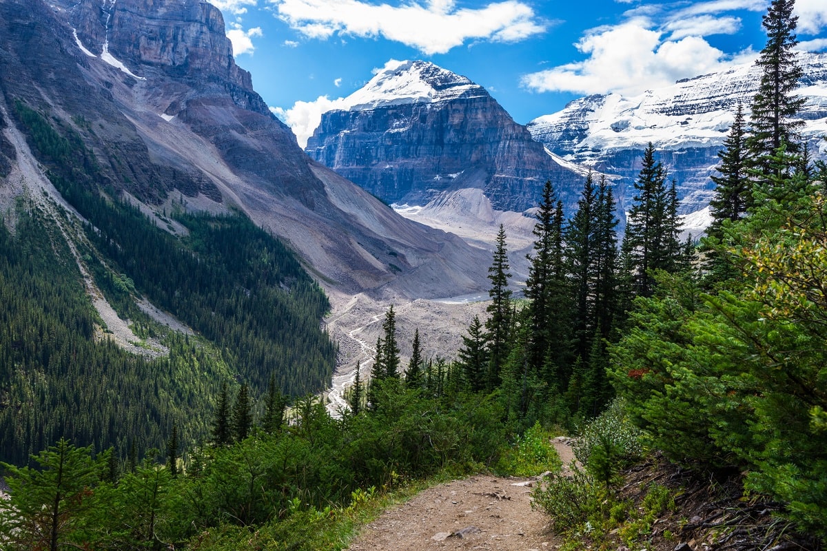 view along the plain of Six Glaciers hike in the summer months