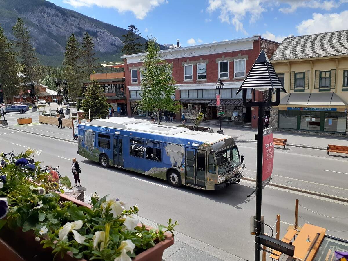 roam bus at a stop in Banff going to Lake Louise