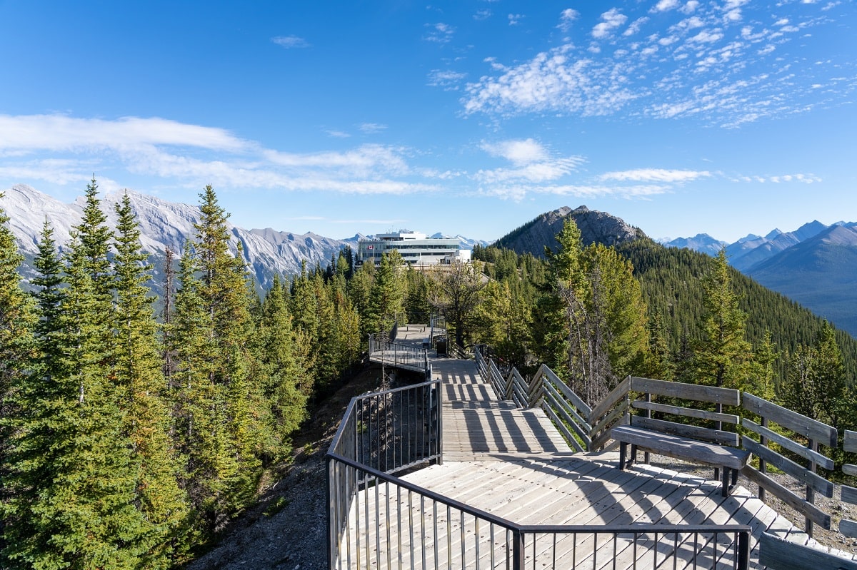 view from the platform at the top of the banff gondola in summer