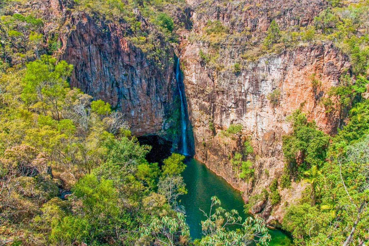 A birds eye view of a waterfall in Kakadu NP