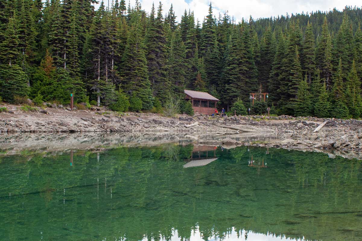A cooking shelter at Garibaldi Lake with a view of the forest
