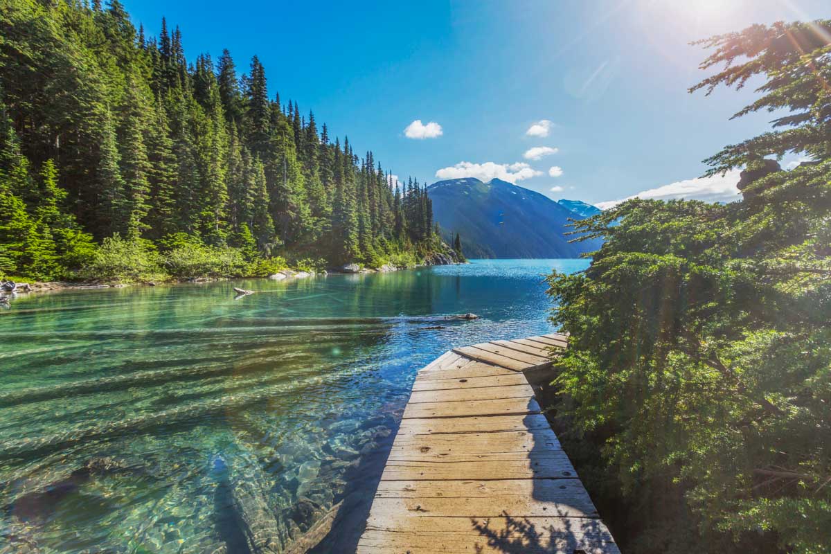 A wooden boardwalk along Garibaldi lake