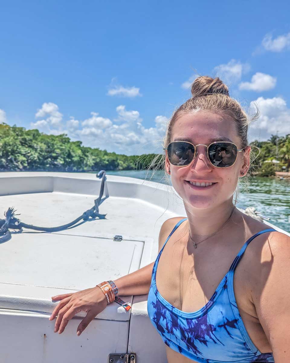 Bailey on a boat tour of Nichupte Lagoon in Cancun, Mexico