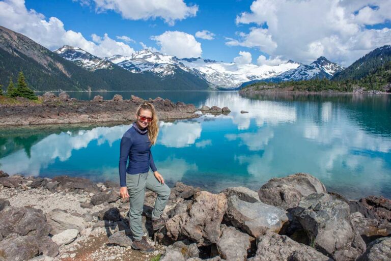 Bailey poses for a photo on the edge of Garibaldi Lake