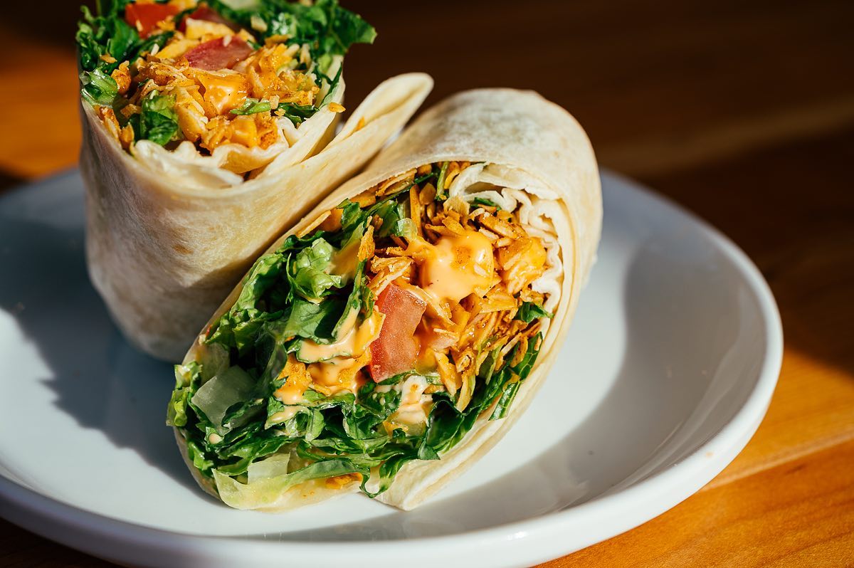 coconut bacon vegan wrap from Padmanadi restaurant in edmonton