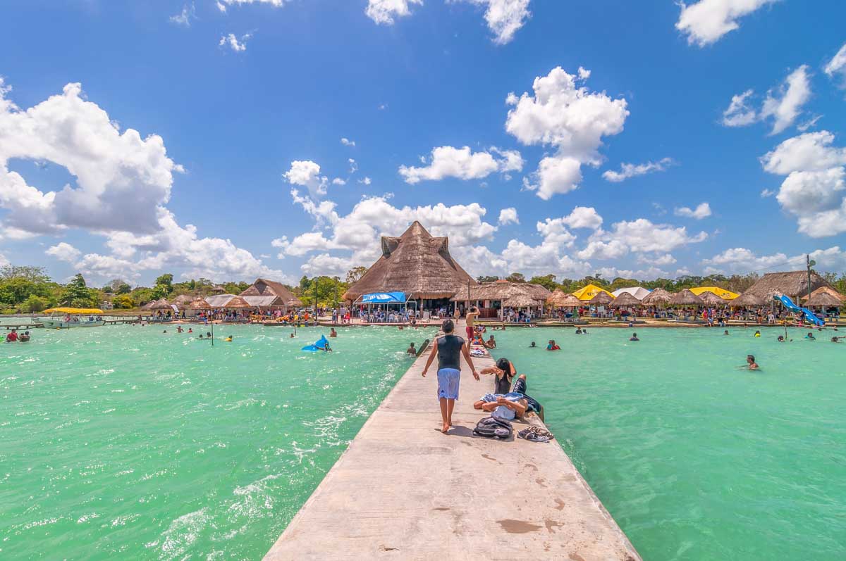 A view of The Balneario Magico from their dock on a beautiful day in Bacalar, Mexico