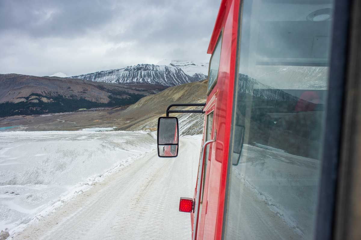 A photo out the window of a moving Ice Explorer all-terrain vehicle