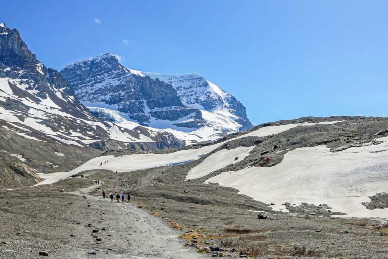 People walk along the Toe of the Athabasca Glacier Trail on a beautiful day