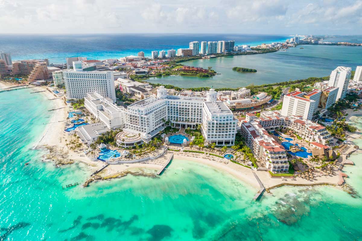 Birds eye view of the Cancun Hotel zone on a beautiful day