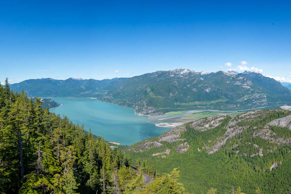 Panorama from the top fo the Sea to Sky Gondola of Howe Sound and Squamish, BC