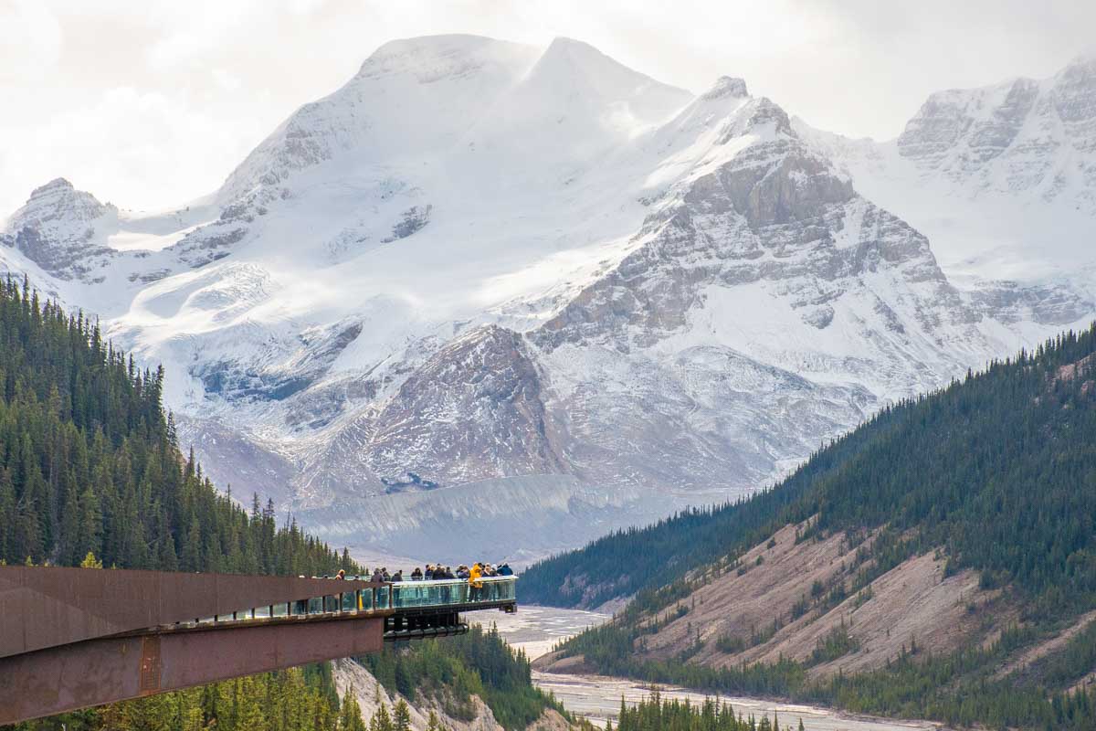 The Icefields Parkway Skywalk with views of the Athabasca Glacier and mountain