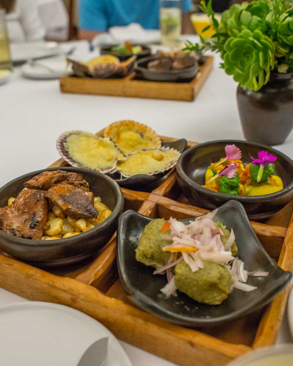 A selection of Peruvian food on a food tour in Lima, Peru