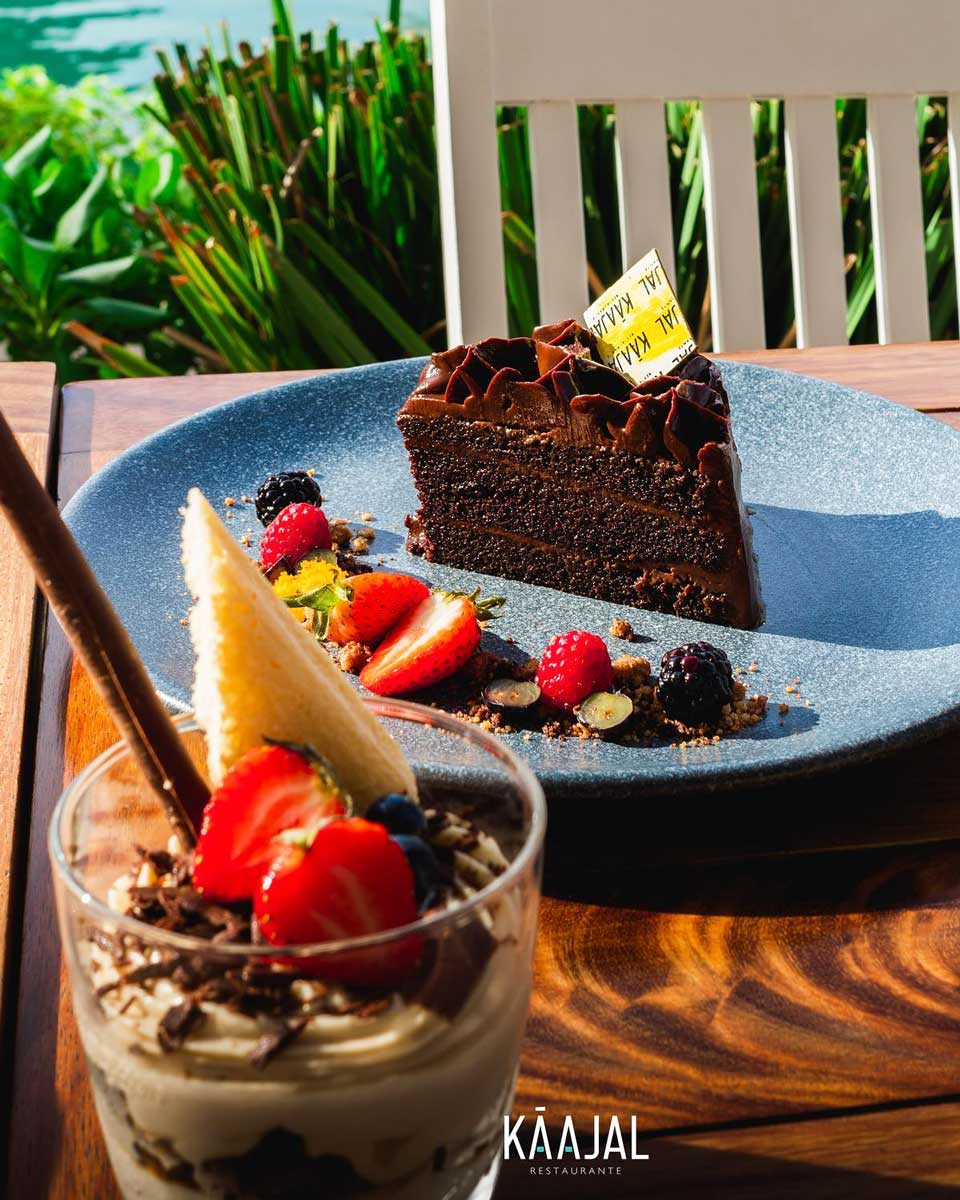Chocolate cake and drink from 13 Restaurante Käajal in Cancun, Mexico