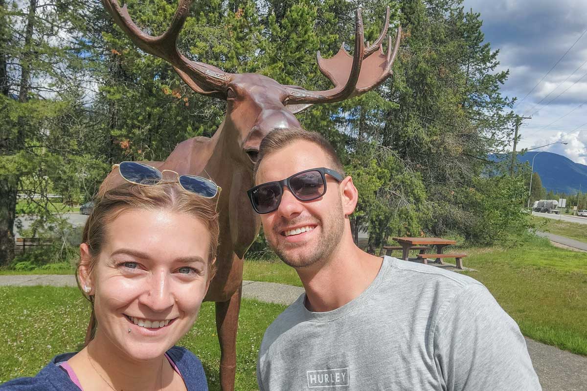 Daniel and Bailey take a selfie with the moose in Clearwater, BC