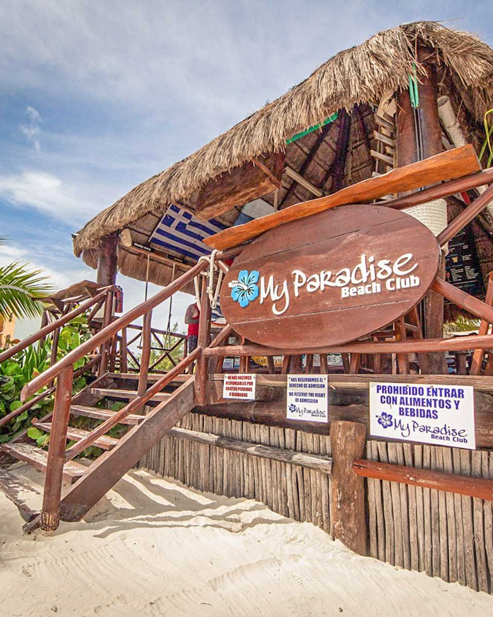 The entrance to My Paradise Beach Club in Puerto Morelos, Mexico