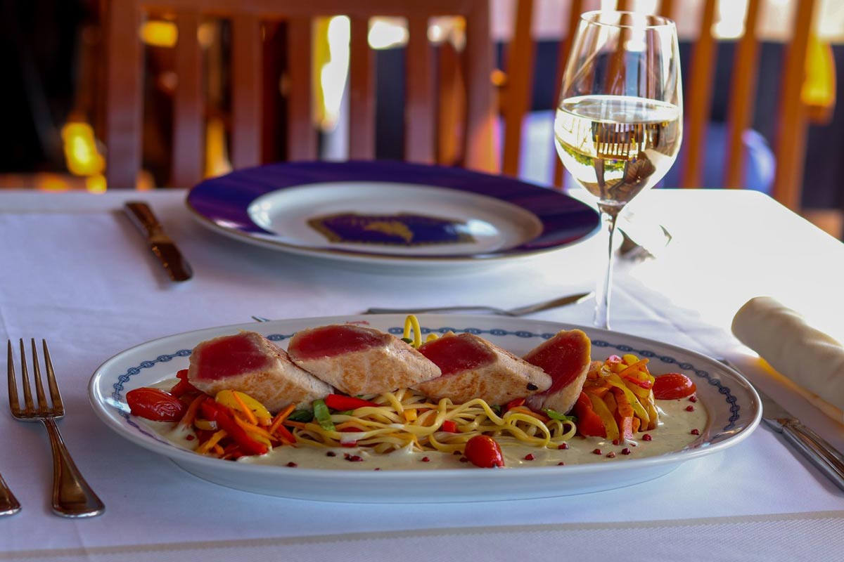 tuna steak served with cognac from Lorenzillo's in Cancun, Mexico