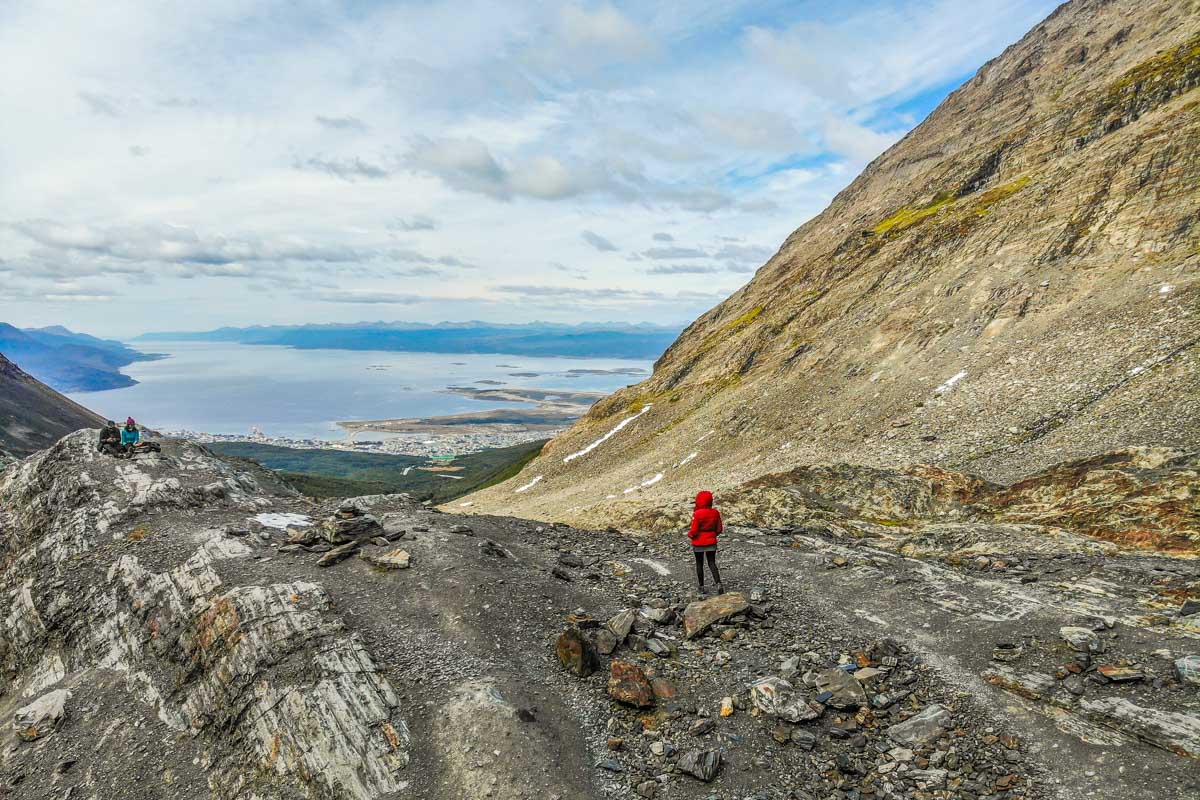 Hikers at the top of the Glacier Martial  hike with views of Ushuaia