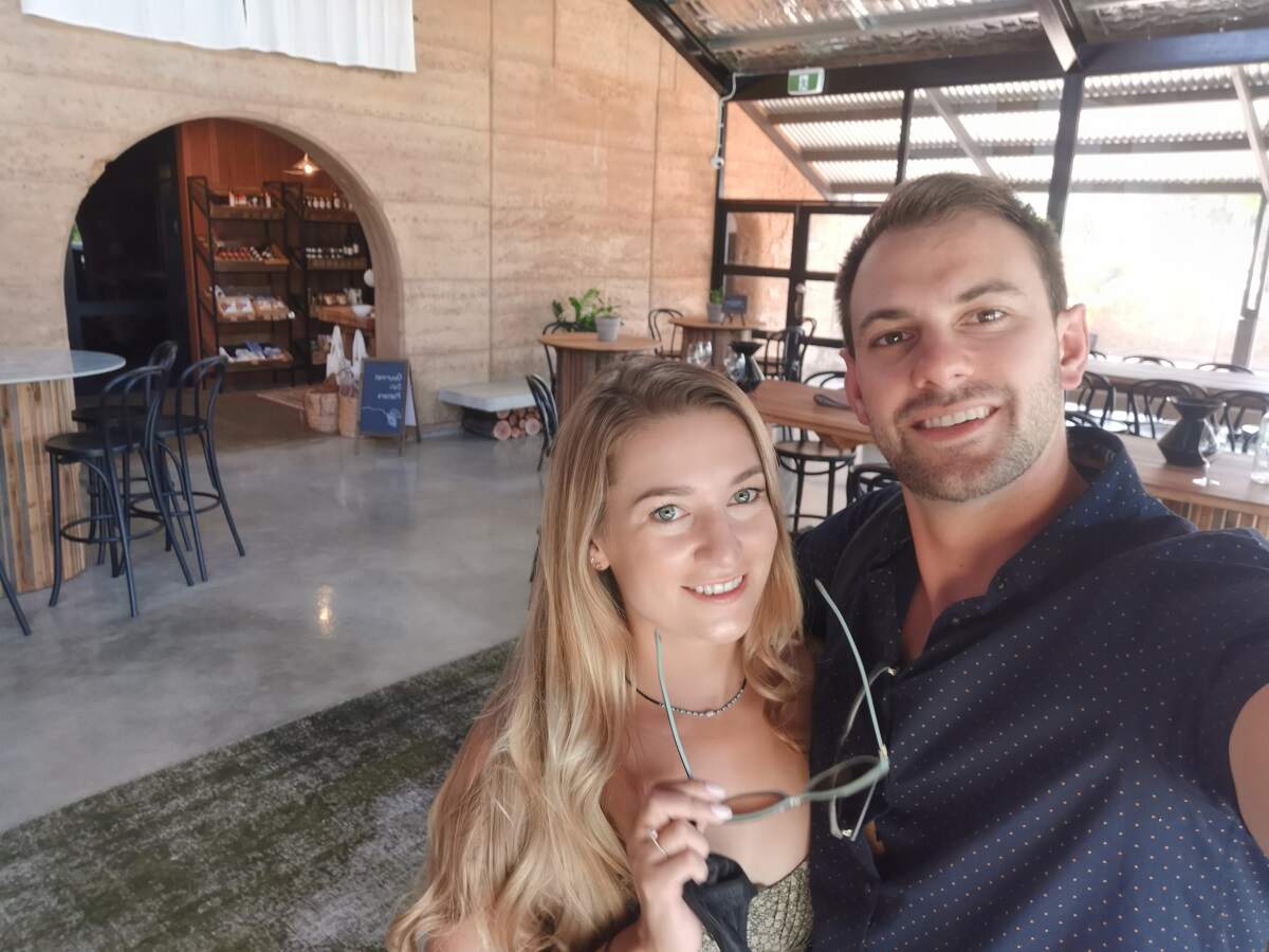 Dan and Bailey take a selfie at a winery in Margaret River