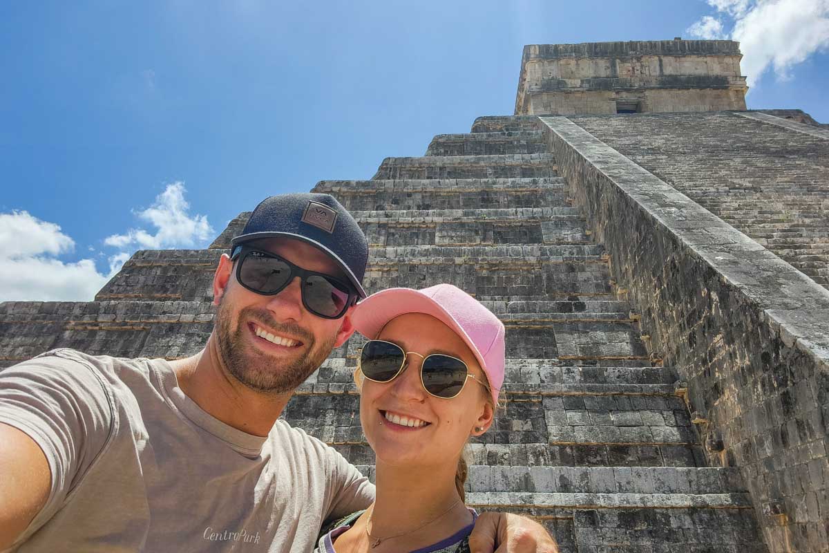Bailey and Daniel take a selfie with the El Castillo Pyramid at Chichen Itza