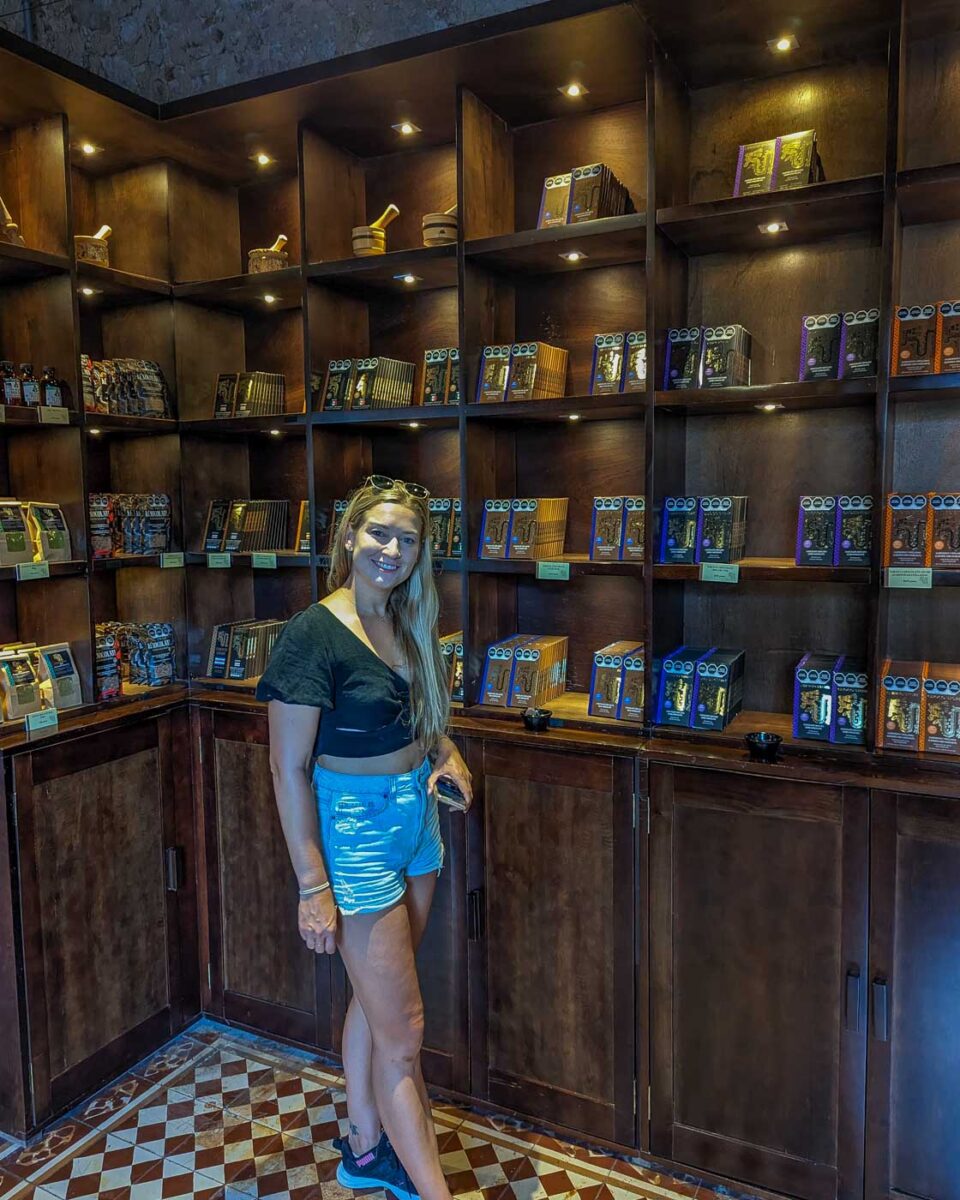 Bailey browses chocolate at Choco-Story in Valladolid