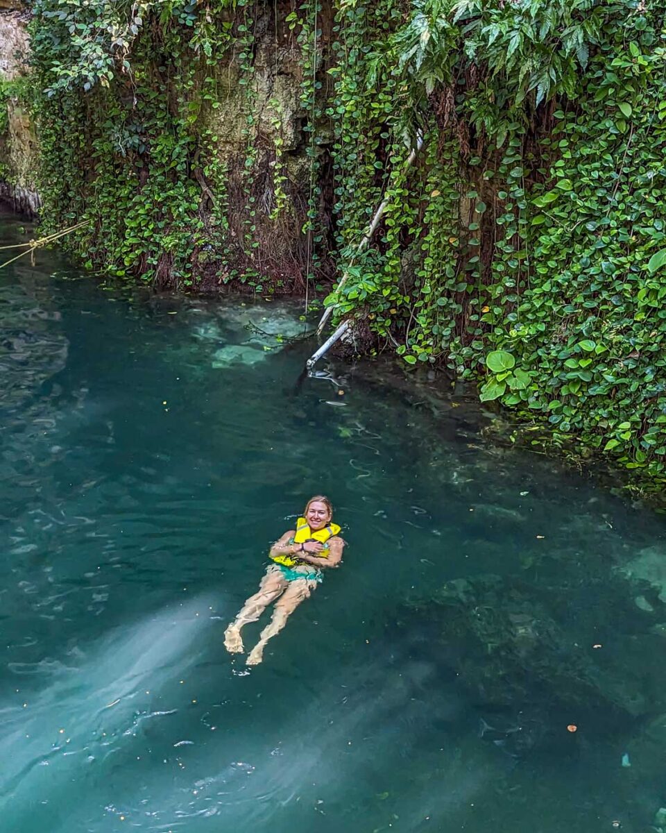 Bailey in a cenote in Valladolid in Mexico
