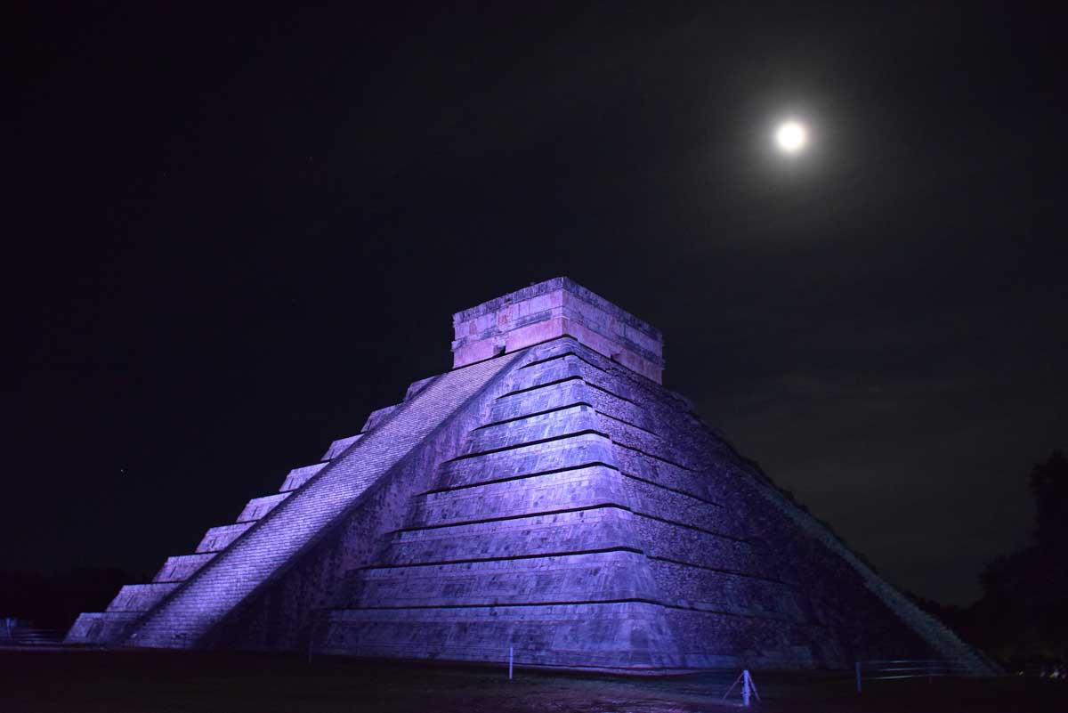 El Castillio Pyramid lit up during the Chichen Itza Night Show