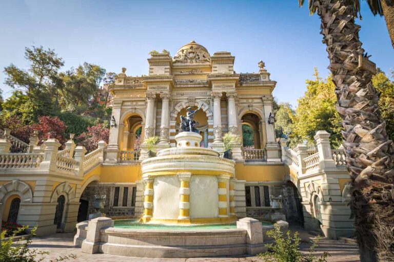 the yellow Neptune fountain at Terrace of Santa Lucia Hill in Santiago, Chile