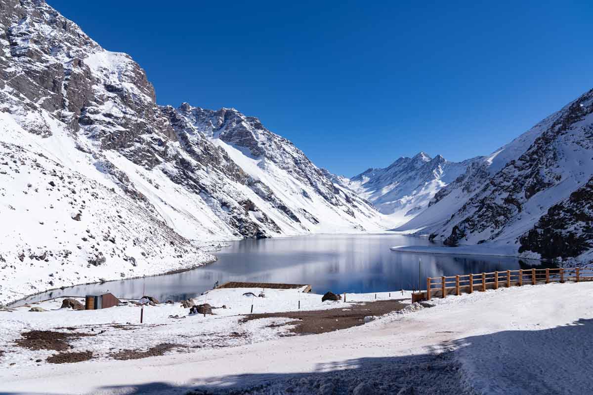 scenic of Portillo Inca Lagoon in Santiago, Chile