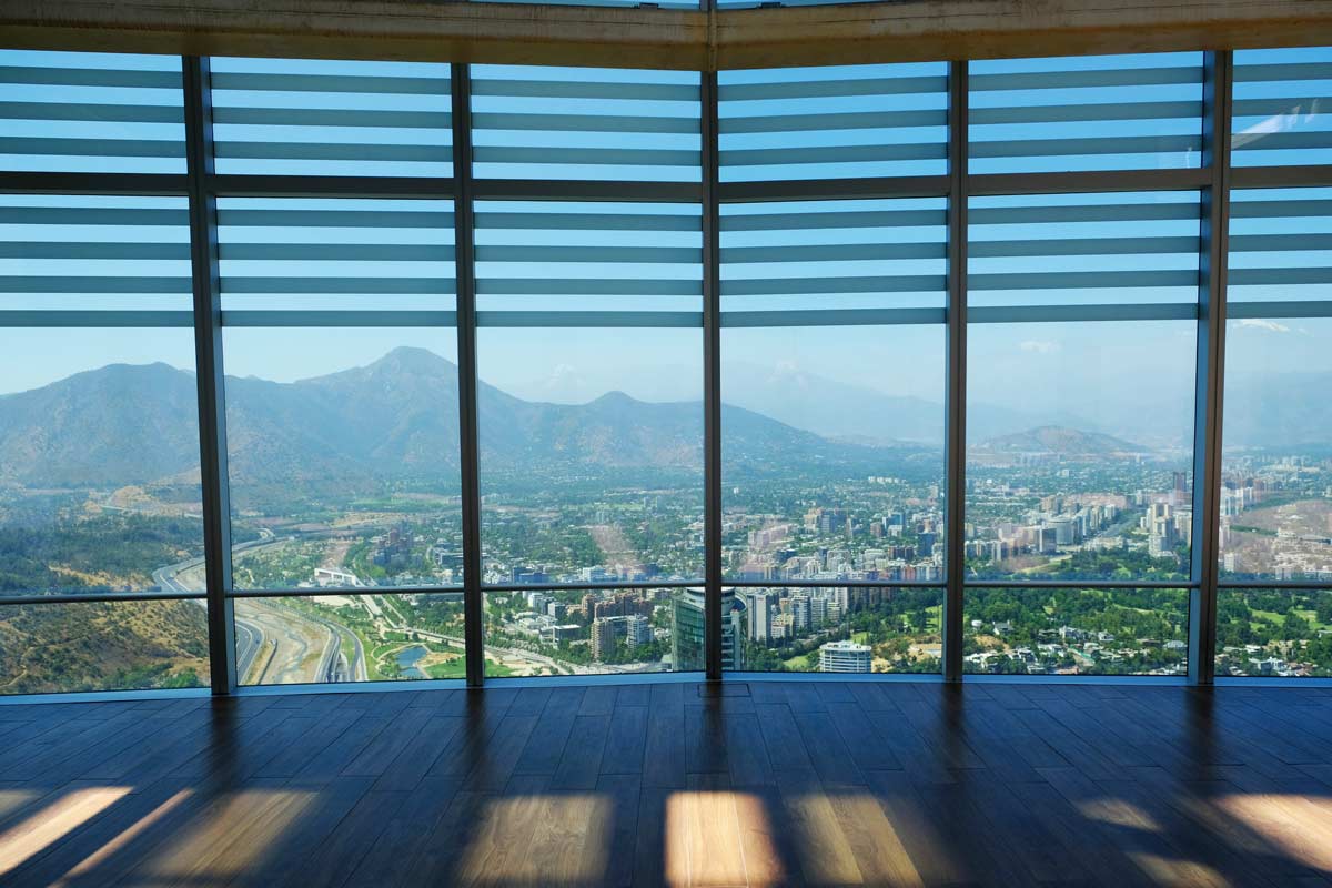 View of the city inside the observation deck of Sky Costanera in Santiago, Chile