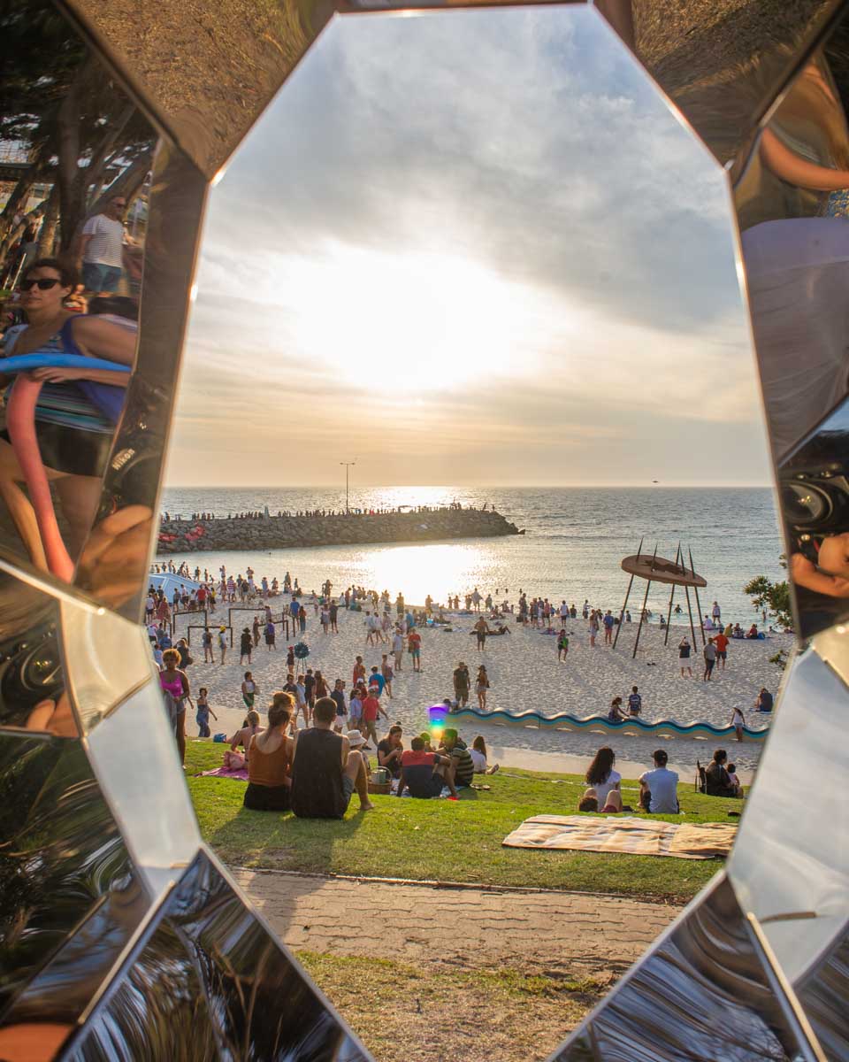 Sunset through a sculpture at Sculptures By The Sea, Perth