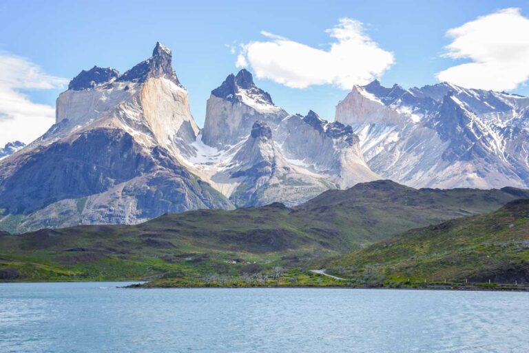 Torres del Paine Mountains with a lake in the foreground