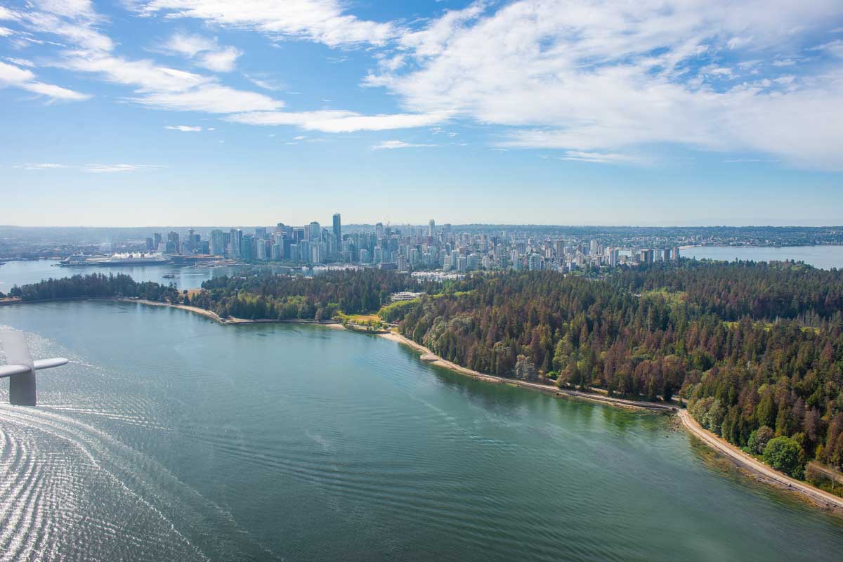 An arial shot of Vancouver and Stanley park from a sea plane