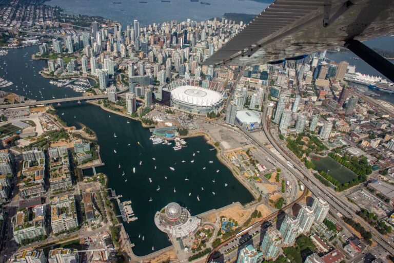 Vancouver city view of the False Creek area from a float plane tour