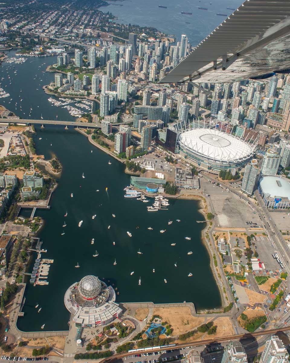 View of False Creek from a sea plane in Vancouver
