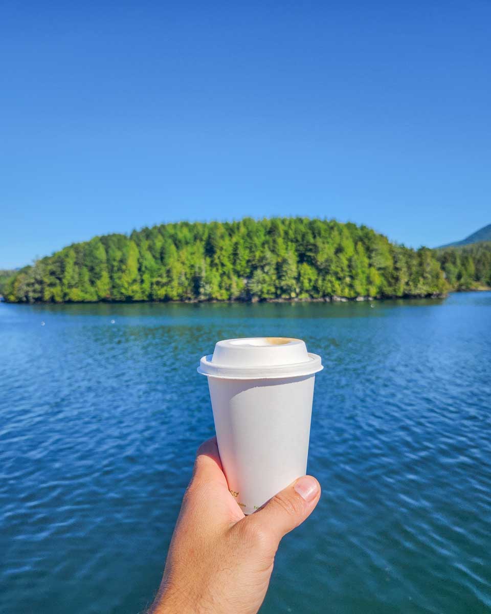 A coffee from Zoe's Bakery by the water in Ucluelet, BC