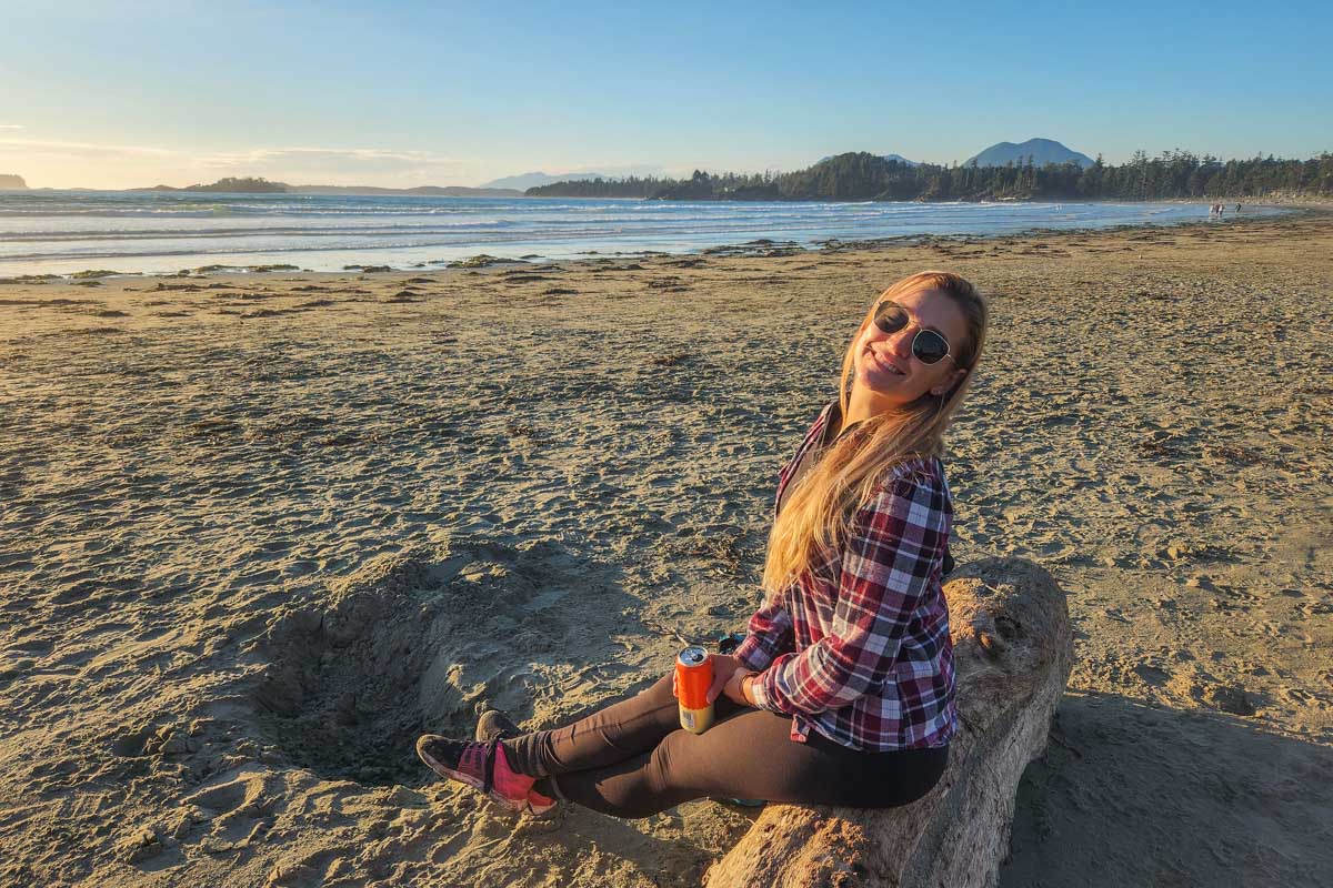 Bailey at Cox Bay Beach at sunset