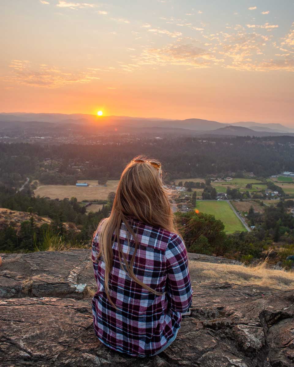 Bailey at the top of Mount Douglas at sunset