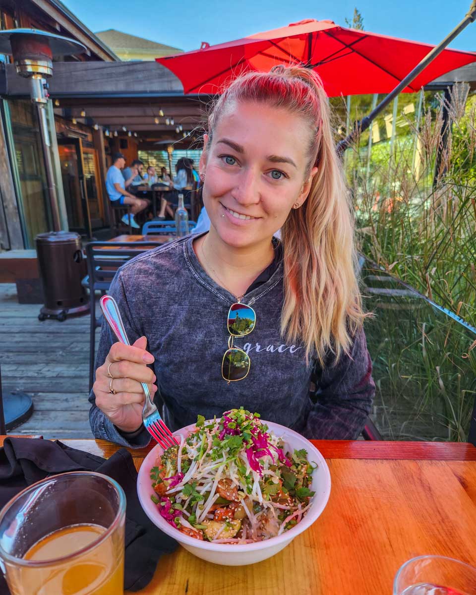 Bailey enjoys a meal at the Shelter in Tofino